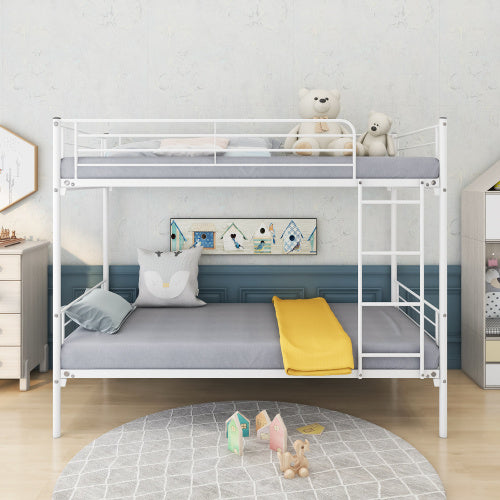 US Local Twin-Over-Twin Bunk Bed With Metal Frame And Ladder, Space-Saving Design,White