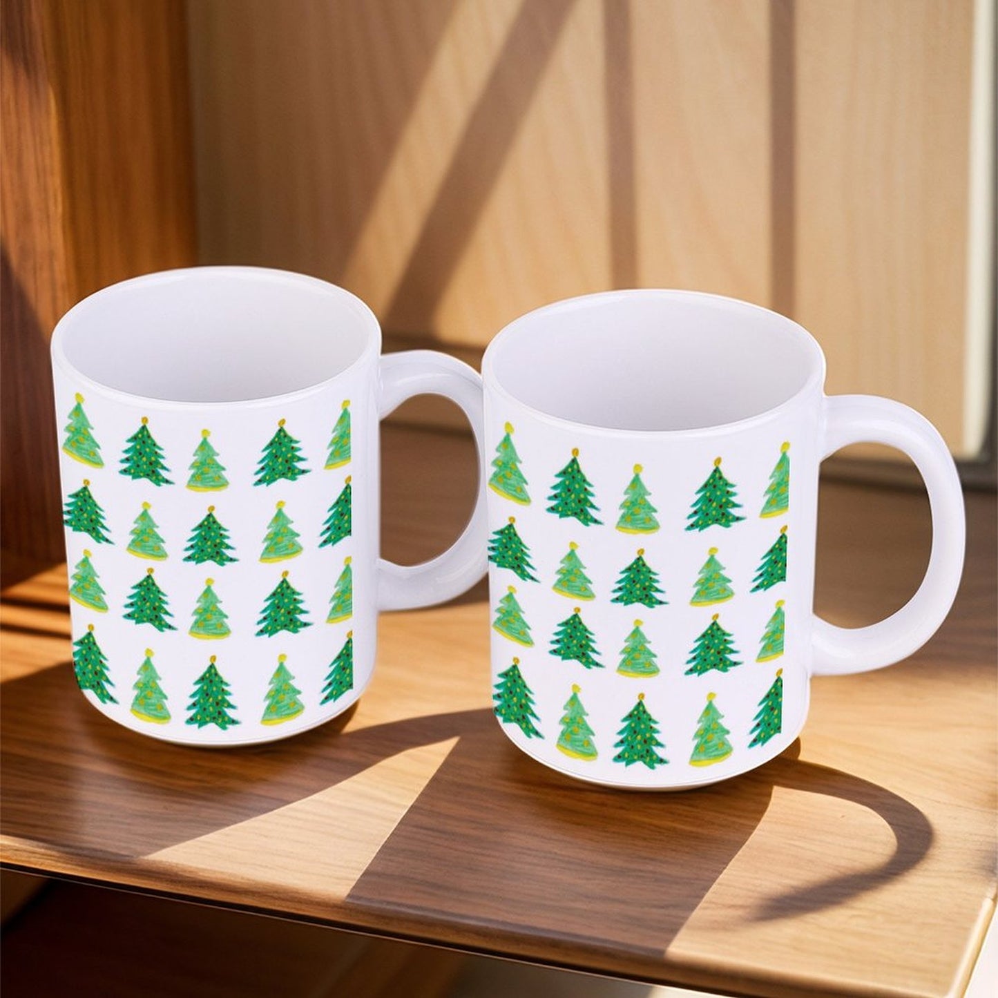 POD US Local White mug with full print, Christmas Tree, Hand Painted, Green 0009