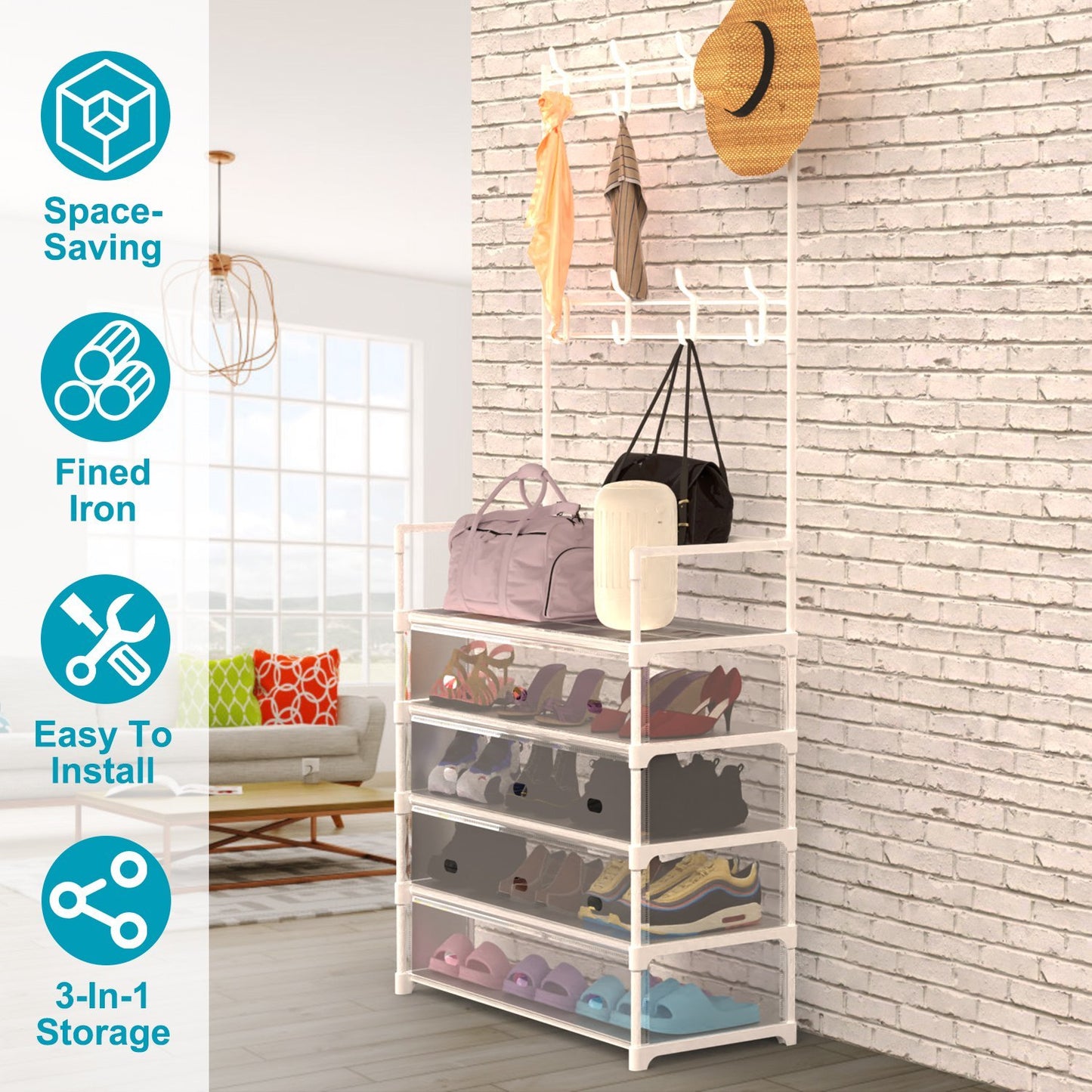 US Local 5 Tier Shoe Rack With Coat Rack For Front Door Bedroom Entrance - White