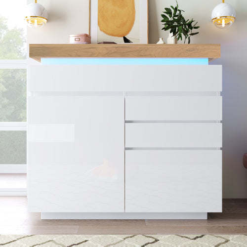 UK Local Chest Of Drawers,High-gloss Sideboard Cabinet With 2 Doors And 3 Drawers,Storage With RGB LED App-controlled,Multi-purpose Cabinet For Living Room And Bedroom, 115 X 110 X 39 Cm, White