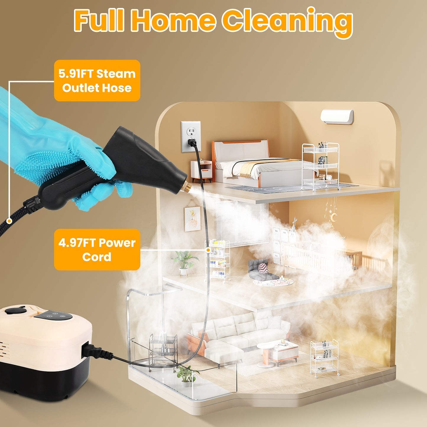 US Local 1500W Handheld High Temperature And Pressure Steamer Cleaner With 1200ML Tank 8 Accessories 6 Steam Levels Digital Display Handle Control For Dirt Grease Grout Tile Floor Couch Car