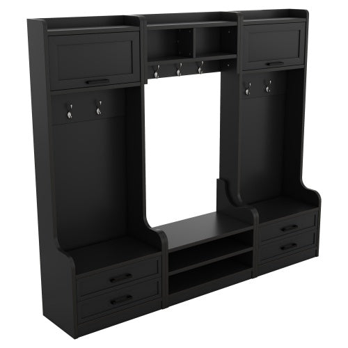 US Local 4-in-1 Detachable Hall Tree With Storage And 7 Hooks, Multiple Functions Hallway Coat Rack With Storage Drawers And Cabinet, Black Shoe Bench For Entryway Hallway