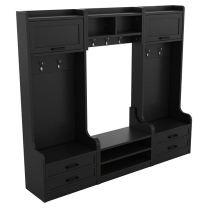 US Local 4-in-1 Detachable Hall Tree With Storage And 7 Hooks, Multiple Functions Hallway Coat Rack With Storage Drawers And Cabinet, Black Shoe Bench For Entryway Hallway