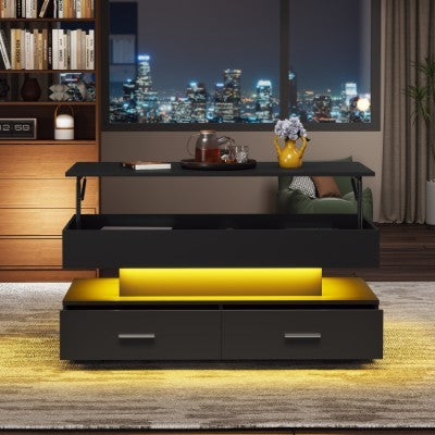 UK Local Hydraulic Lift Top Coffee Table, LED Coffee Tables With Storage For Living Room, Coffee Table With 2 Drawers & LED Light For Dining Reception Room, Black