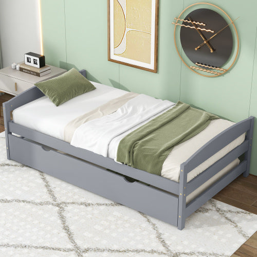 US Local Twin Size Platform Bed With Twin Size Trundle, Gray