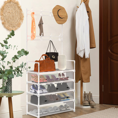US Local 5 Tier Shoe Rack With Coat Rack For Front Door Bedroom Entrance - White