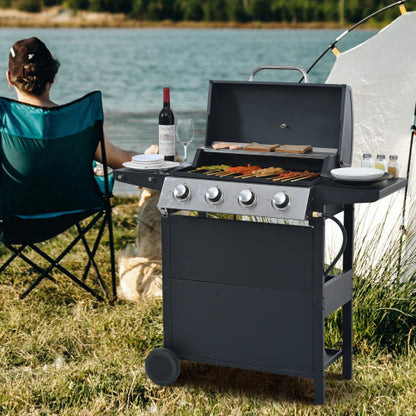 US Local Propane Gas Grill 4 Burner Barbecue Grill, Stainless Steel 34,000 BTU Patio Garden Barbecue Grill With Two Shelves, Lid, Wheels And Bottle Opener
