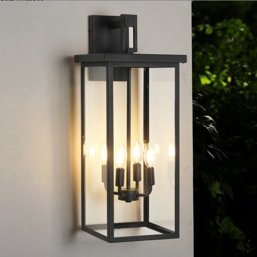 US Local 26H 1ps Modern Outdoor Wall Lanterns With Black Metal Frame And Clear Glass, 4 E12 Bulb Socket, Weatherproof Wall Sconces For Porch, Garden, Patio No Bulbs