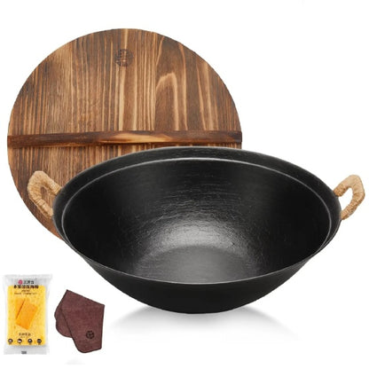 US Local WANGYUANJI 14.2 Handmade Wok, Cast Iron Wok Pan, Large Flat Bottom Wok Stir With Dual Handle And Wooden Lid, Suitable For All Cooktops, Uncoated Chinese Traditional Wok