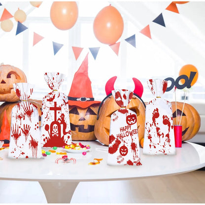 US Local 50 Pcs Halloween Cellophane Candy Bags With Twist Ties Horrific Bloody Treat Bags 4 Pattern Gift Goody Snack Sweet Bags For Halloween Murder Theme Party Snacks Cookies Gift Wrapping Supplies
