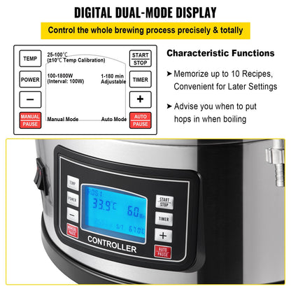 US Local Electric Brewing System, 9.2 Gal/35 L Brewing Pot, All-in-One Home Beer Brewer W/Pump, Mash Boil Device W/Panel, Auto/Manual Mode 100-1800W Power 25-100?? Temp 1-180 Min Timer Recipe Memory