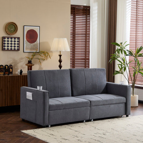 UK Local 207cm King Size Independent Pull Out Sofa Bed, Convertible Fabric Sofa Chair With Cup Holders, Side Pockets, Fabric Loveseat Couch Chaise Lounge For Living Room, Apartment