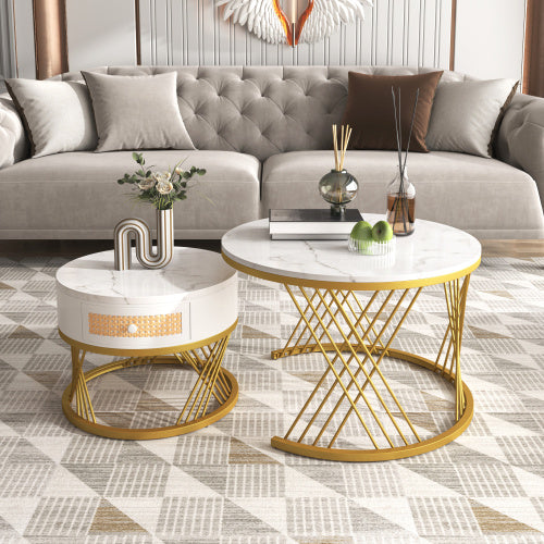 UK Local 2 In 1 Round Coffee Table Made Of MDF With Marble Grain Veneer Top, Rattan Drawers And Solid Wood Handles. Gold Coloured Iron Legs. 70x70x45.5  50x50x38.5cm