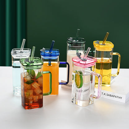 US Local 1 Pcs Transparent Glass Straw Cup, 6 Colors Square Glass Cup With Straw And Lid, High Borosilicate Glass Cup, Milk Cup, Juice Cup, Cold Drink Cup, Coffee Cup, Tea Cup, Office Cup, Gift Cup