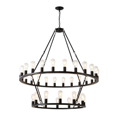 US Local 48 Inch Black Extra Large Wagon Wheel Chandelier, 2 Tier 36-Lights No Include Farmhouse Industrial Round High Ceiling Pendant Light Adjustable Chain, For Dining Room, Living Room,Kitchen