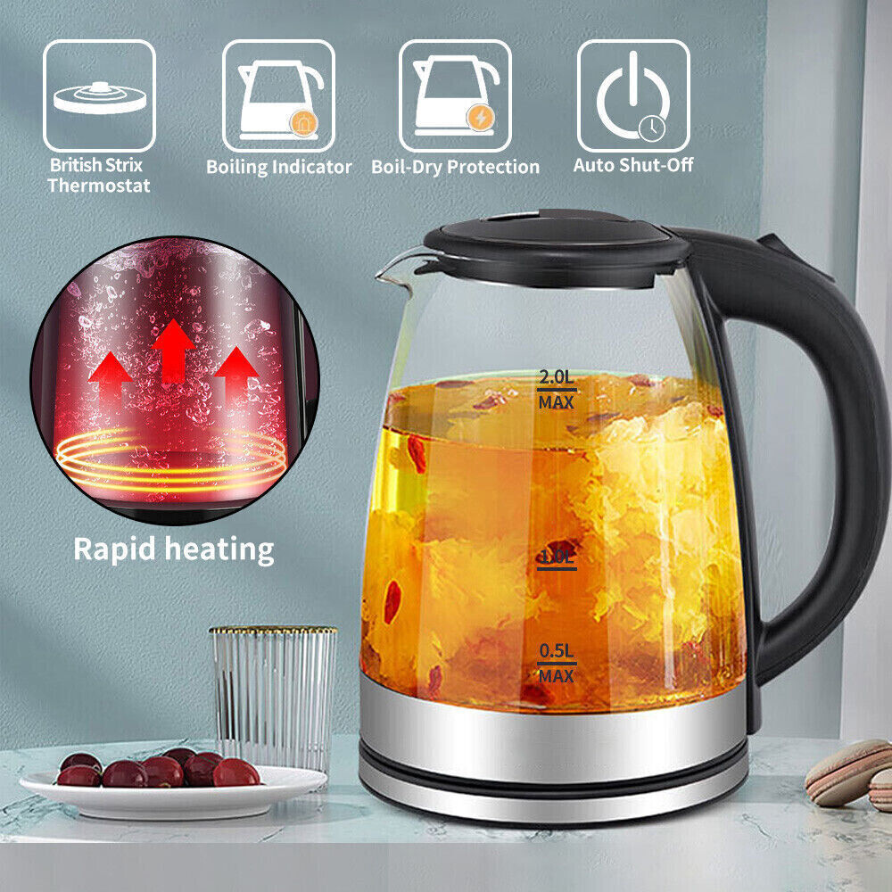 UK Local 2L Electric Kettle Glass 360 Blue LED Illuminated Portable Jug Protection 1800W