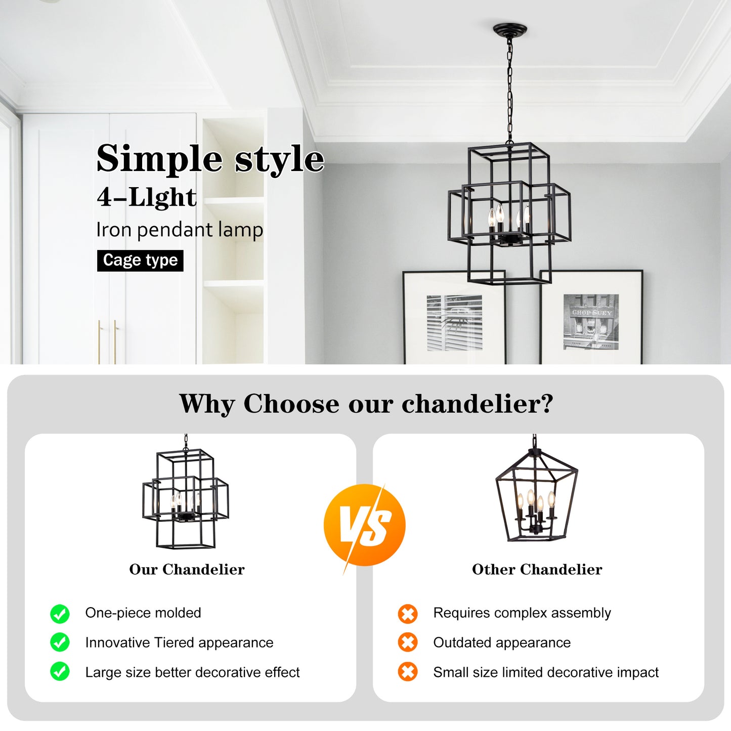 US Local 4-Light Metal Lantern Tiered Pendant Hanging Light Fixtures, Industrial Farmhouse Adjustable Height Chandeliers For Dining Room Hallway Foyer Entryway--Matte Black