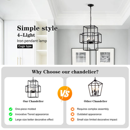 US Local 4-Light Metal Lantern Tiered Pendant Hanging Light Fixtures, Industrial Farmhouse Adjustable Height Chandeliers For Dining Room Hallway Foyer Entryway--Matte Black
