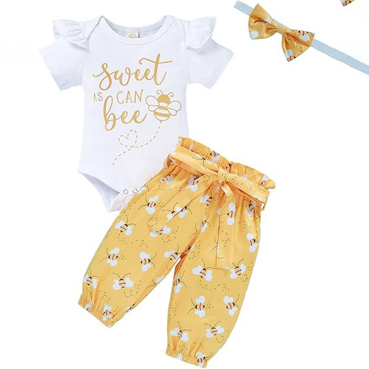 US Local Infant Baby Girl Sweet Bee Outfits Letter Print Romper Honey Bees Pants Bowknot Headband Clothes Set