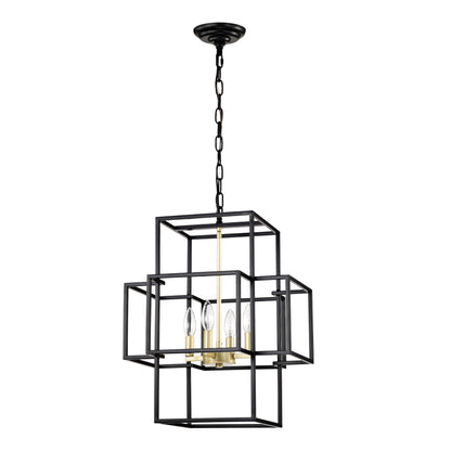 US Local 4-Light Metal Lantern Tiered Pendant Hanging Light Fixtures, Industrial Farmhouse Adjustable Height Chandeliers For Dining Room Hallway Foyer Entryway--Matte Black & Gold