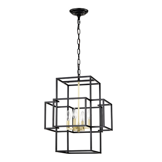 US Local 4-Light Metal Lantern Tiered Pendant Hanging Light Fixtures, Industrial Farmhouse Adjustable Height Chandeliers For Dining Room Hallway Foyer Entryway--Matte Black & Gold