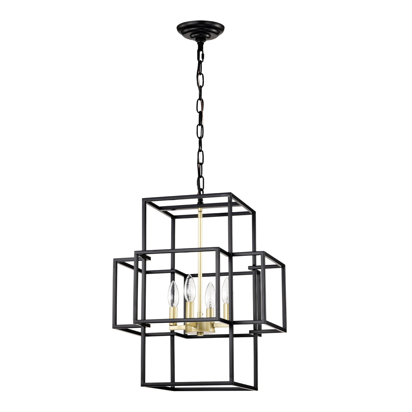 US Local 4-Light Metal Lantern Tiered Pendant Hanging Light Fixtures, Industrial Farmhouse Adjustable Height Chandeliers For Dining Room Hallway Foyer Entryway--Matte Black & Gold