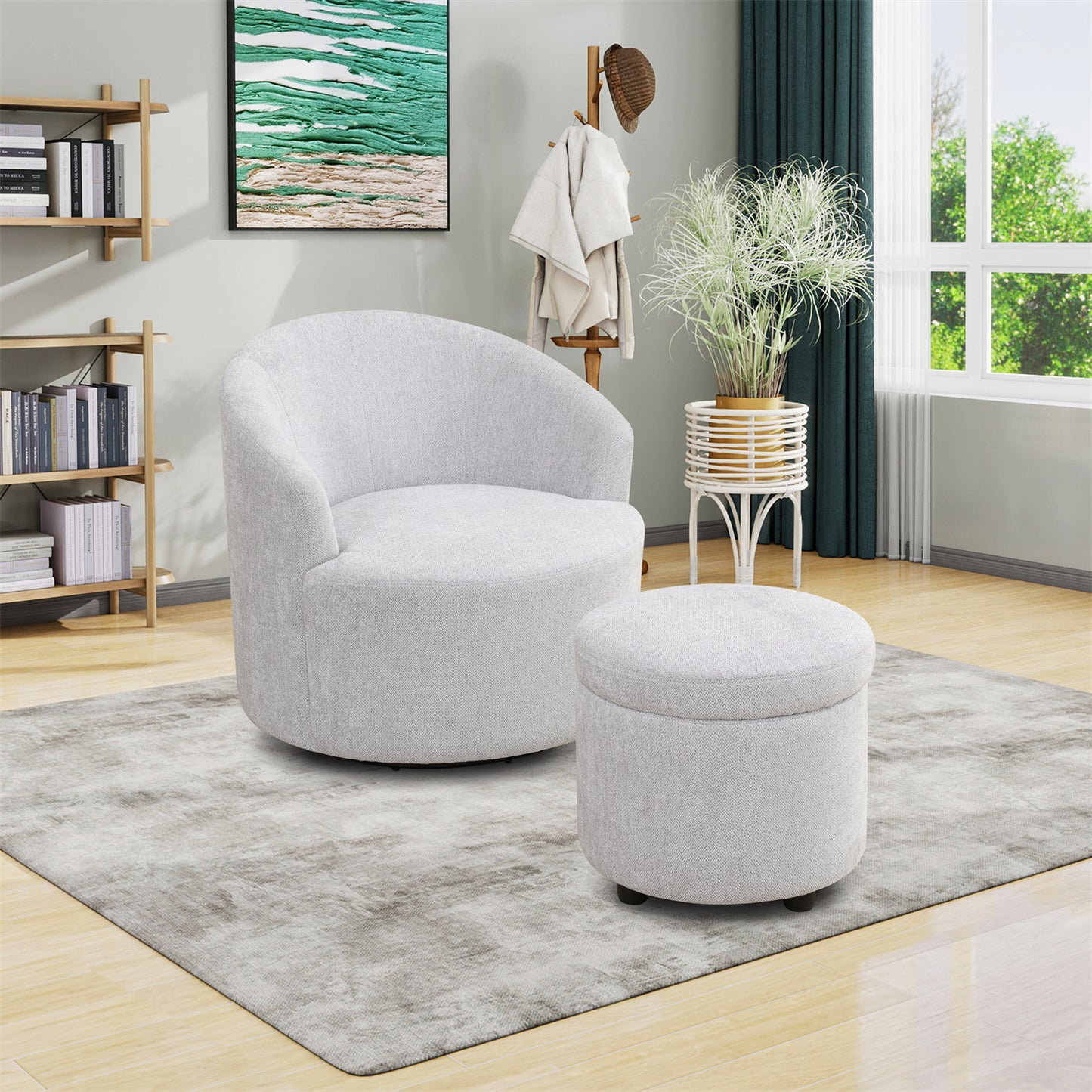 US Local Sofa Stool Set With Storage Function, Grey-White Breathable Sackcloth