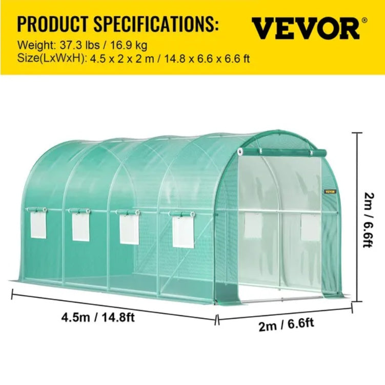 US Local VEVOR Walk-in Tunnel Greenhouse, 14.8 X 6.6 X 6.6 Ft Portable Plant Hot House W  Galvanized Steel Hoops, 1 Top Beam, Diagonal Poles, Zippered Door   8 Roll-up Windows, Green