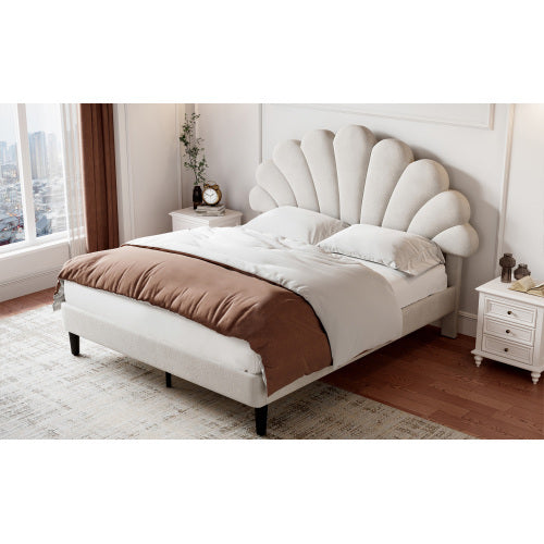 UK Local 4ft6 Double Upholstered Velvet Bed Frame, With Adjustable Chic Petal Headboard, Velvet Platform Bed Frame With Solid Wood Slat, No Box Spring Needed, Easy Assembly, Beige