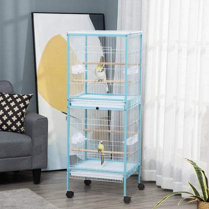 US Local 55inch 2 In 1 Bird Cage Aviary Parakeet House For Finches, Budgies With Wheels, Light Blue