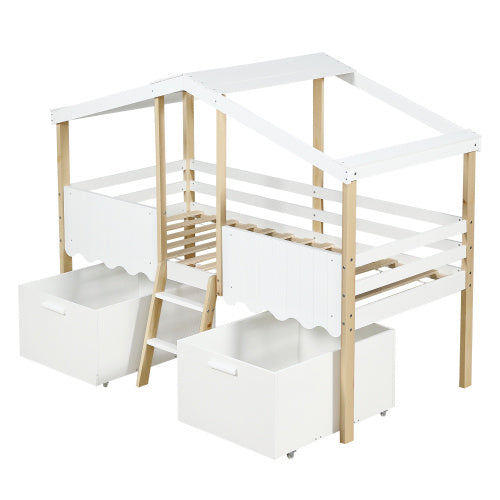 UK Local Wooden Bed, Storage Bed , Children's Bed, 3ft Single Bed 90x190cm, Safety Guardrail, Two Storage Boxes With Wheels, Imitation Roof Shape, Pine Wood  Particle Board, WhiteNatural