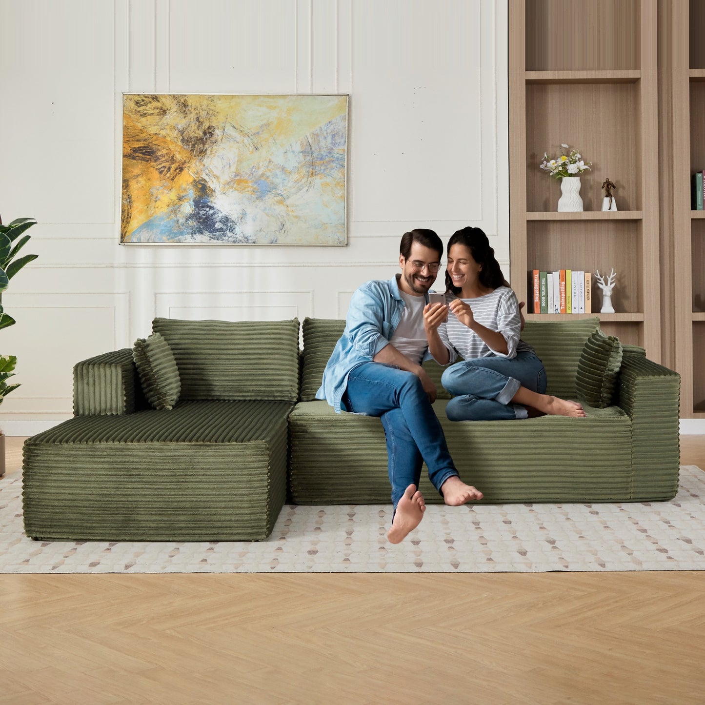 US Local L-Shaped Compression Sofa Bed With Corduroy Fabric - Convertible Sectional Sofa, Foldable Floor Couch Sleeper, Space-Saving Flannel-Like Lounge For Small Apartments, Living Room & Game Room NO TUME