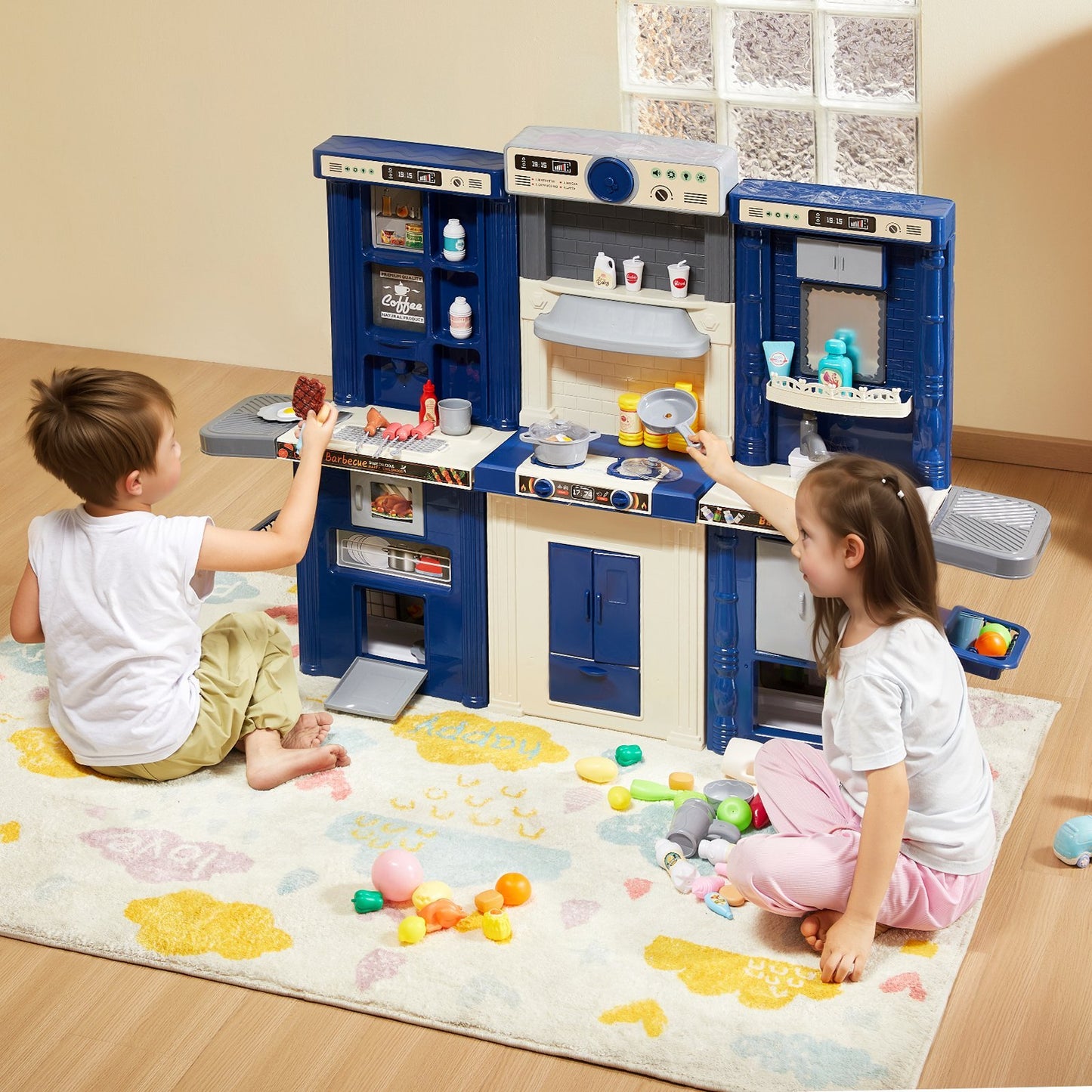 US Local Christmas Gift VEVOR Kitchen Playset Kids Pretend Cooking Play Toy 74 Piece Accessories Blue