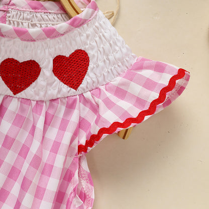 US Local Infant Baby Girls' Valentine's Day Dress Pink Plaid With Heart Embroidery, Smocked Ruffle Sleeves