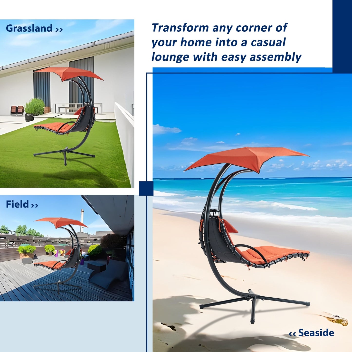 US Local Hanging Chaise Lounger With Removable Canopy, Outdoor Swing Chair With Built-in Pillow, Hanging Curv