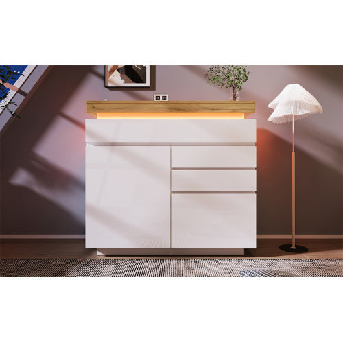 UK Local Chest Of Drawers,High-gloss Sideboard Cabinet With 2 Doors And 3 Drawers,Storage With RGB LED App-controlled,Multi-purpose Cabinet For Living Room And Bedroom, 115 X 110 X 39 Cm, White