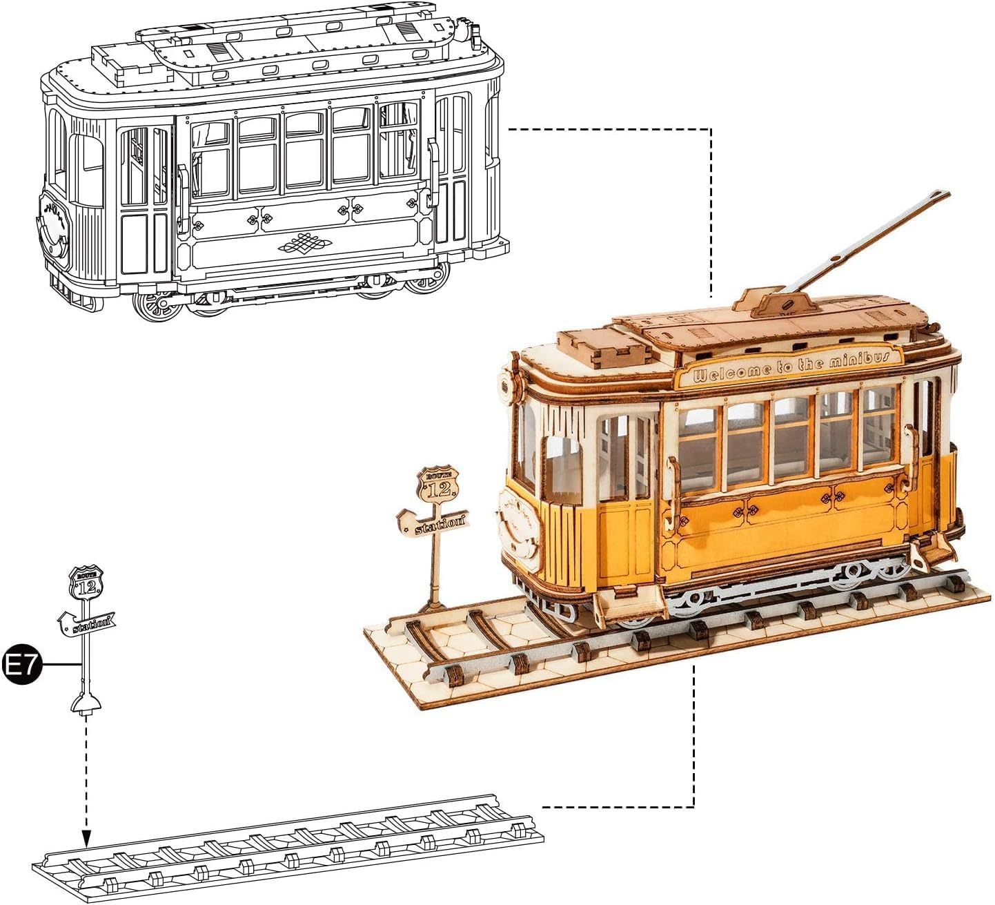 US Local ROBOTIME 3D Puzzle Tram Car Wooden Model Kits For Adult To Build Your Own Laser Cut Jigsaw Building Construction Crafts Kits And Best Birthday Gifts TG505