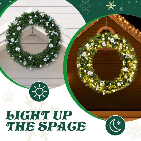 US Local 60in Pre-lit Christmas Wreath, Lighted Artificial Xmas Wreath With 220 Cold & Warm White Lights And 600 PVC Tips And DIY Ornaments, For Front Door Gate Wall Xmas Party Decorations, Light Green