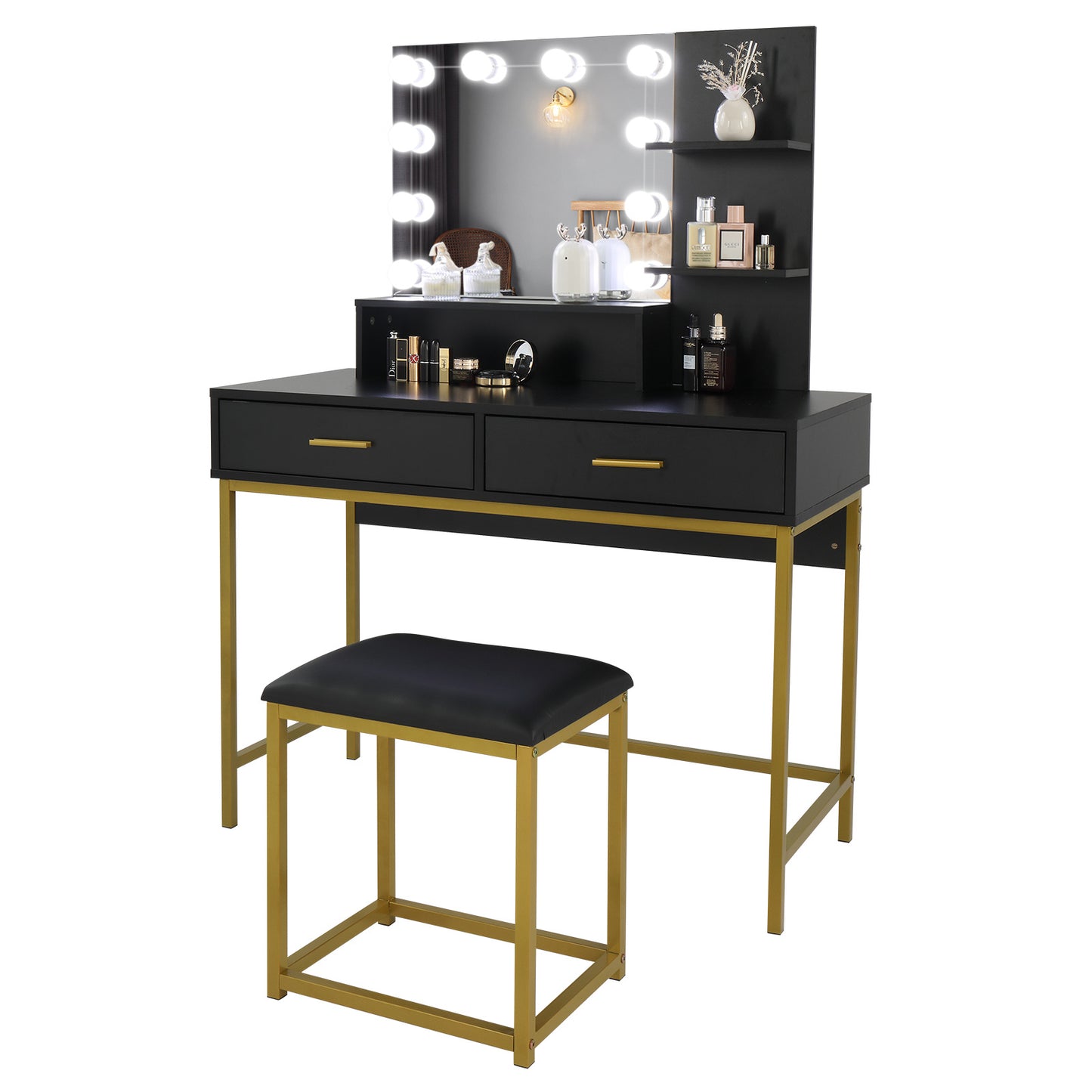 US Local Black, Particleboard, Steel Frame, Two-drawer, Three-tier Shelf, Dressing Table Set, Three-tone Light, Light Luxury