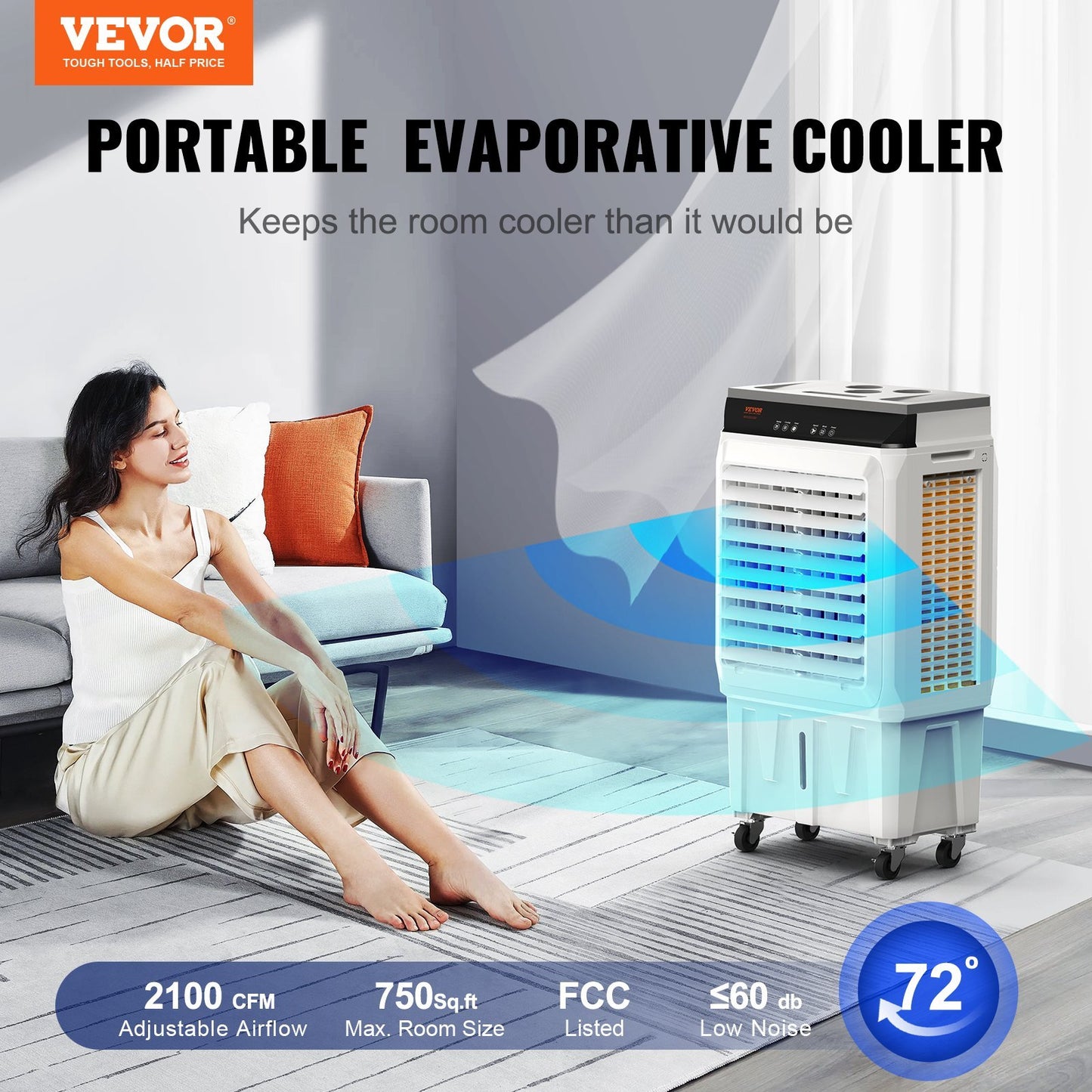 US Local VEVOR Evaporative Air Cooler, 2100 CFM, Oscillating Swamp Cooler With Adjustable 3 Speeds And 12 H Timer, 7 Gal Portable Air Cooler For 750 Sq.ft, Indoor Outdoor Use