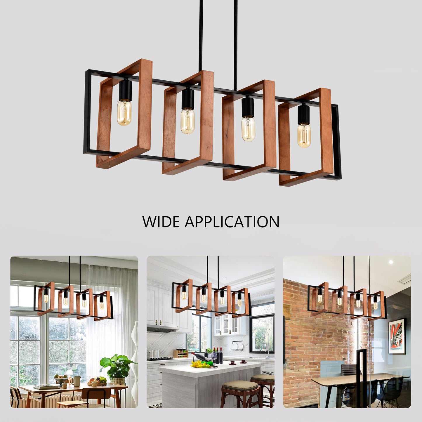 US Local 4-Light Kitchen Island Lights Pendant Light Farmhouse Dining Room Light Fixture, Rustic Wood And Black Metal Rectangular Chandelier, Hanging Lighting For Living Room,Conference Room, Home Office