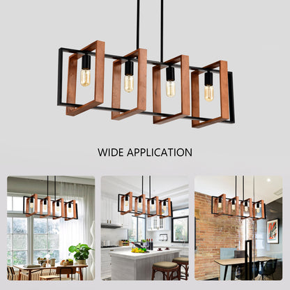 US Local 4-Light Kitchen Island Lights Pendant Light Farmhouse Dining Room Light Fixture, Rustic Wood And Black Metal Rectangular Chandelier, Hanging Lighting For Living Room,Conference Room, Home Office