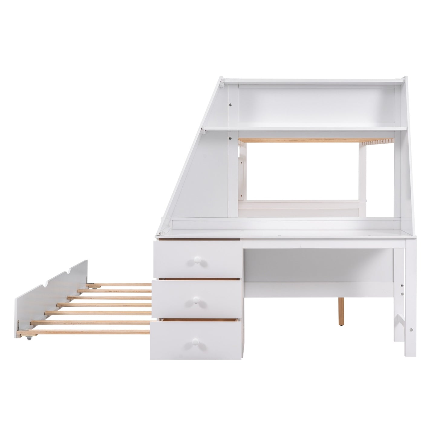 US Local Twin Full Bunk Bed W Trundle, Desk, 3 Drawers  Shelf - White