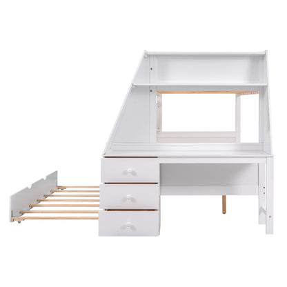 US Local Twin Full Bunk Bed W Trundle, Desk, 3 Drawers  Shelf - White