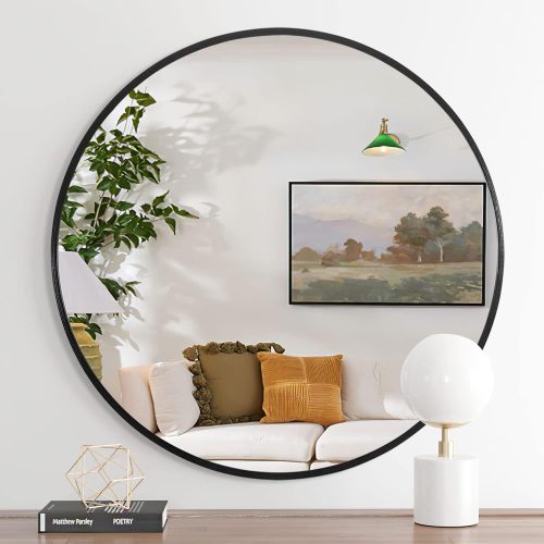 US Local 32 Inch Black Metal Framed Round Bathrrom Mirror For Wall.