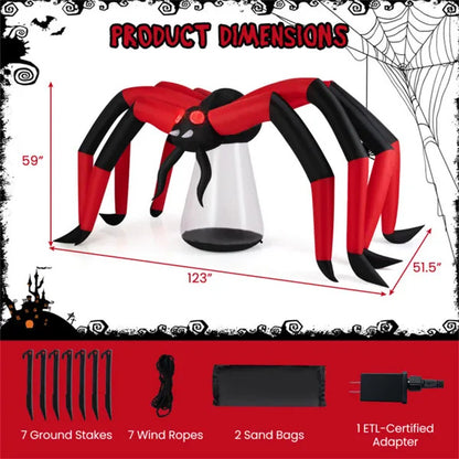 US Local 10ft Wide 5ft Tall Giant Halloween Inflatable Spider - LED Head Light   2 Red Eye Tunnel Lights, Black Red Color