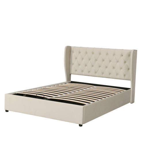 UK Local Upholstered Bed, With Hydraulic Lever, Functional Bed From Storage, 135 X 190 Cm, Without Mattress, Velvet, Beige