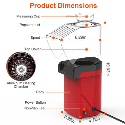 US Local Hot Air Popcorn Popper Maker With Measure Cup And Butter Warmer 1200W Oil-Free Easy To Use 8Cups Mini Popcorn Maker Machine For Home