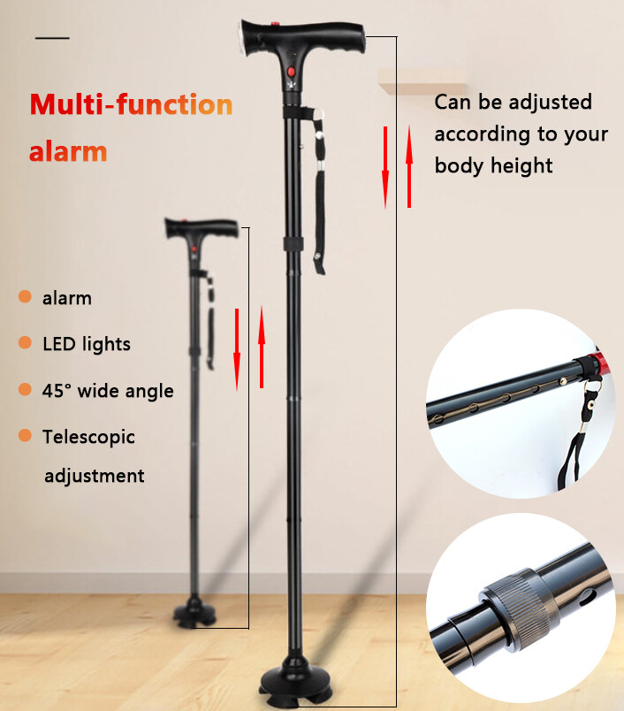 UK Local Adjustable Walking Stick Cane With LED Flashlight SOS Alarm Button For Senior Travel Hiking Trekking Pole Folding Crutch Handle Strap 5 Gears