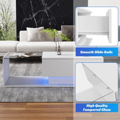 UK Local LED Coffee Table, Modern High Gloss Coffee Table, Center Table With Glass, Modern Coffee Table For Living Room With Drawer White